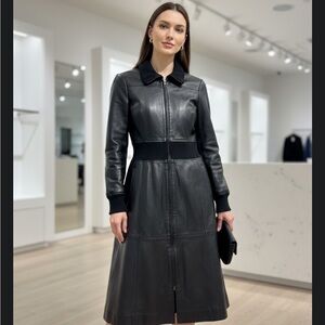 Katayone Adeli Black Lambskin Long Overcoat Zip Ribbed Heavyweight Size 6